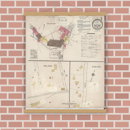 Old map wall art mockup — magnetic wood frame on brick wall — Sanborn Fire Insurance Map from Upton, Worcester County, Massachusetts (1945), Sheet #0001