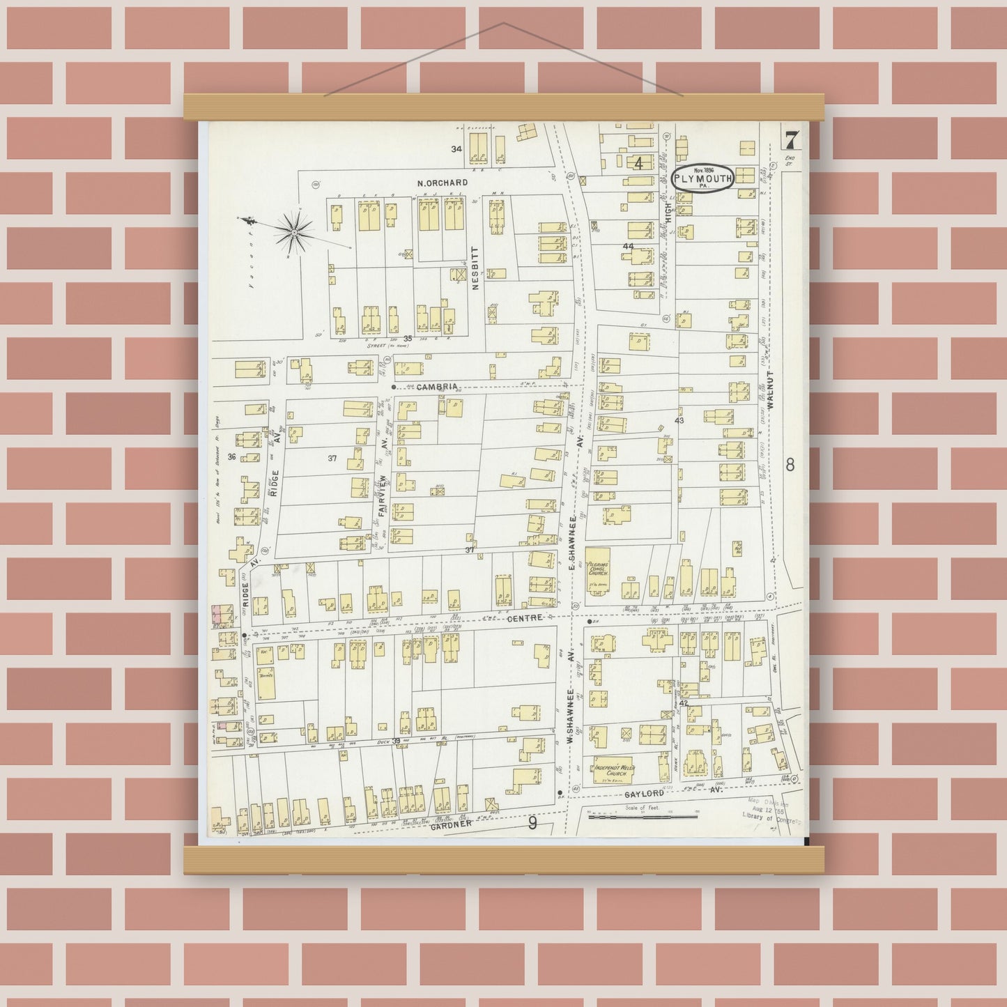 Old map wall art mockup — magnetic wood frame on brick wall — Sanborn Fire Insurance Map from Plymouth, Luzerne County, Pennsylvania (1896), Sheet #0007