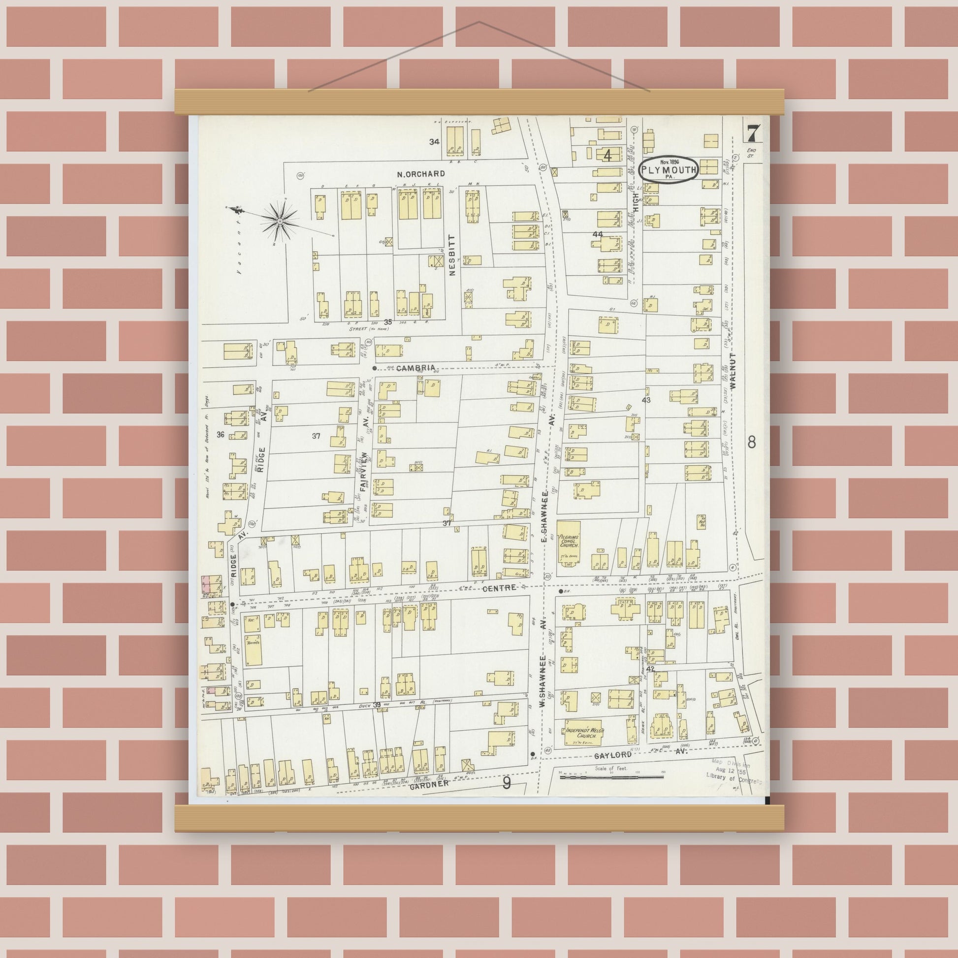 Old map wall art mockup — magnetic wood frame on brick wall — Sanborn Fire Insurance Map from Plymouth, Luzerne County, Pennsylvania (1896), Sheet #0007