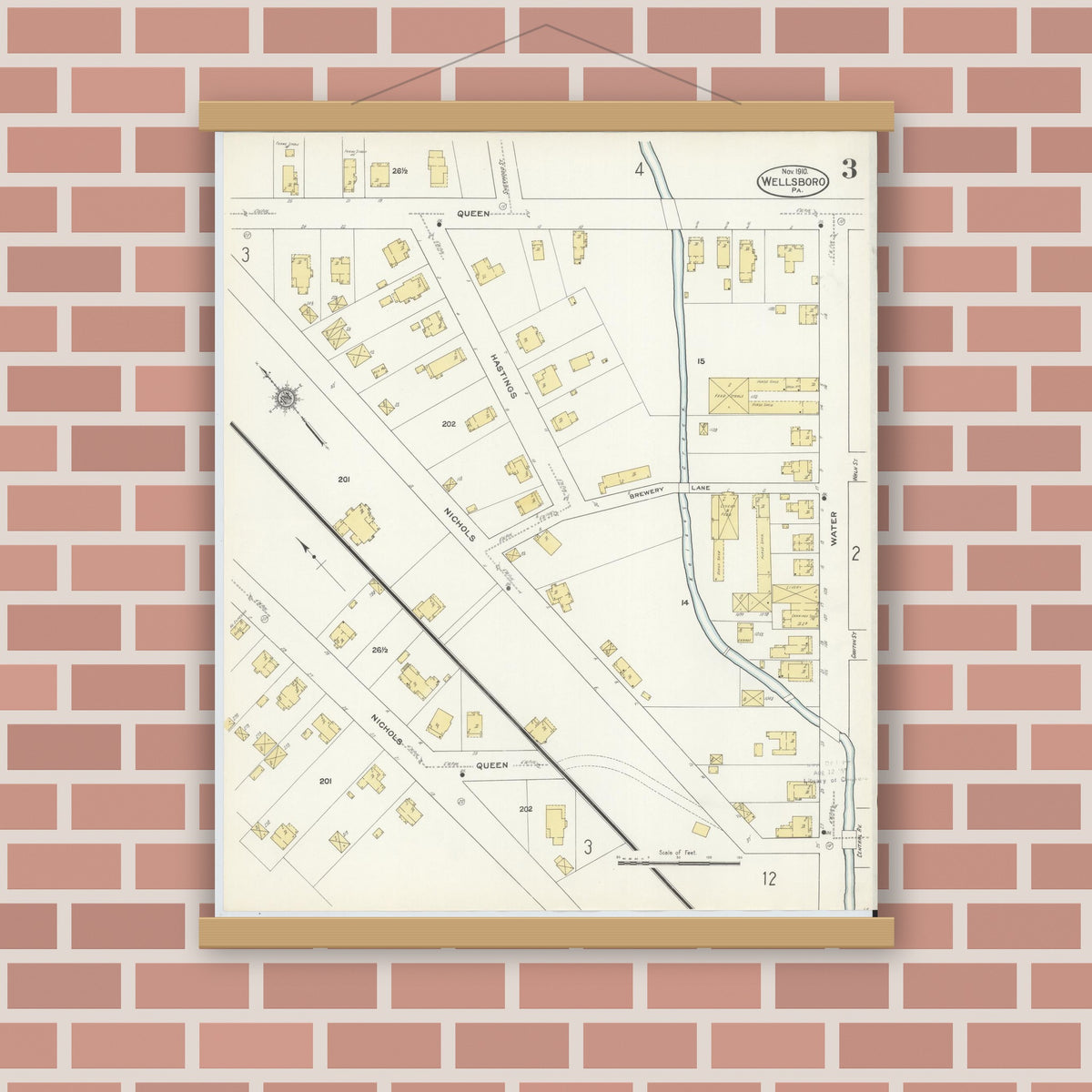 Old map wall art mockup — magnetic wood frame on brick wall — Sanborn Fire Insurance Map from Wellsboro, Tioga County, Pennsylvania (1910), Sheet #0003