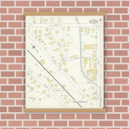 Old map wall art mockup — magnetic wood frame on brick wall — Sanborn Fire Insurance Map from Wellsboro, Tioga County, Pennsylvania (1910), Sheet #0003