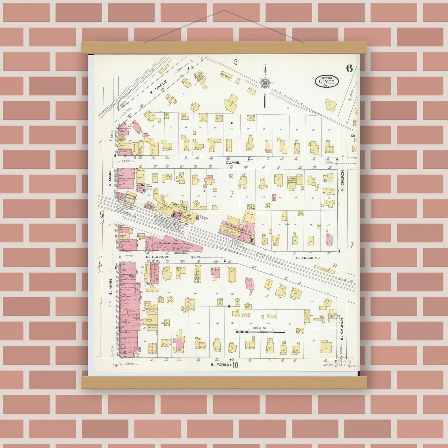 Old map wall art mockup — magnetic wood frame on brick wall — Sanborn Fire Insurance Map from Clyde, Sandusky County, Ohio (1911), Sheet #0006