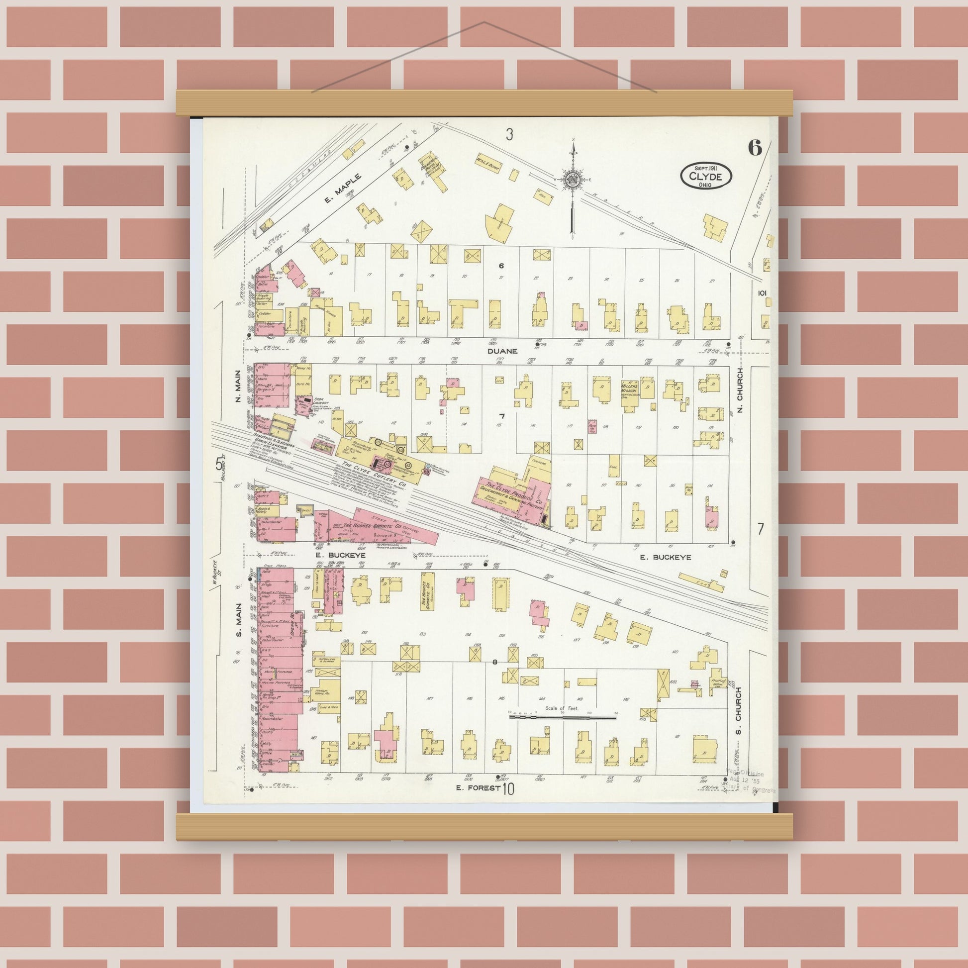 Old map wall art mockup — magnetic wood frame on brick wall — Sanborn Fire Insurance Map from Clyde, Sandusky County, Ohio (1911), Sheet #0006