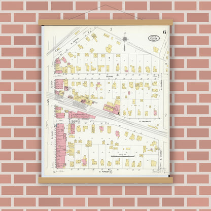 Old map wall art mockup — magnetic wood frame on brick wall — Sanborn Fire Insurance Map from Clyde, Sandusky County, Ohio (1911), Sheet #0006