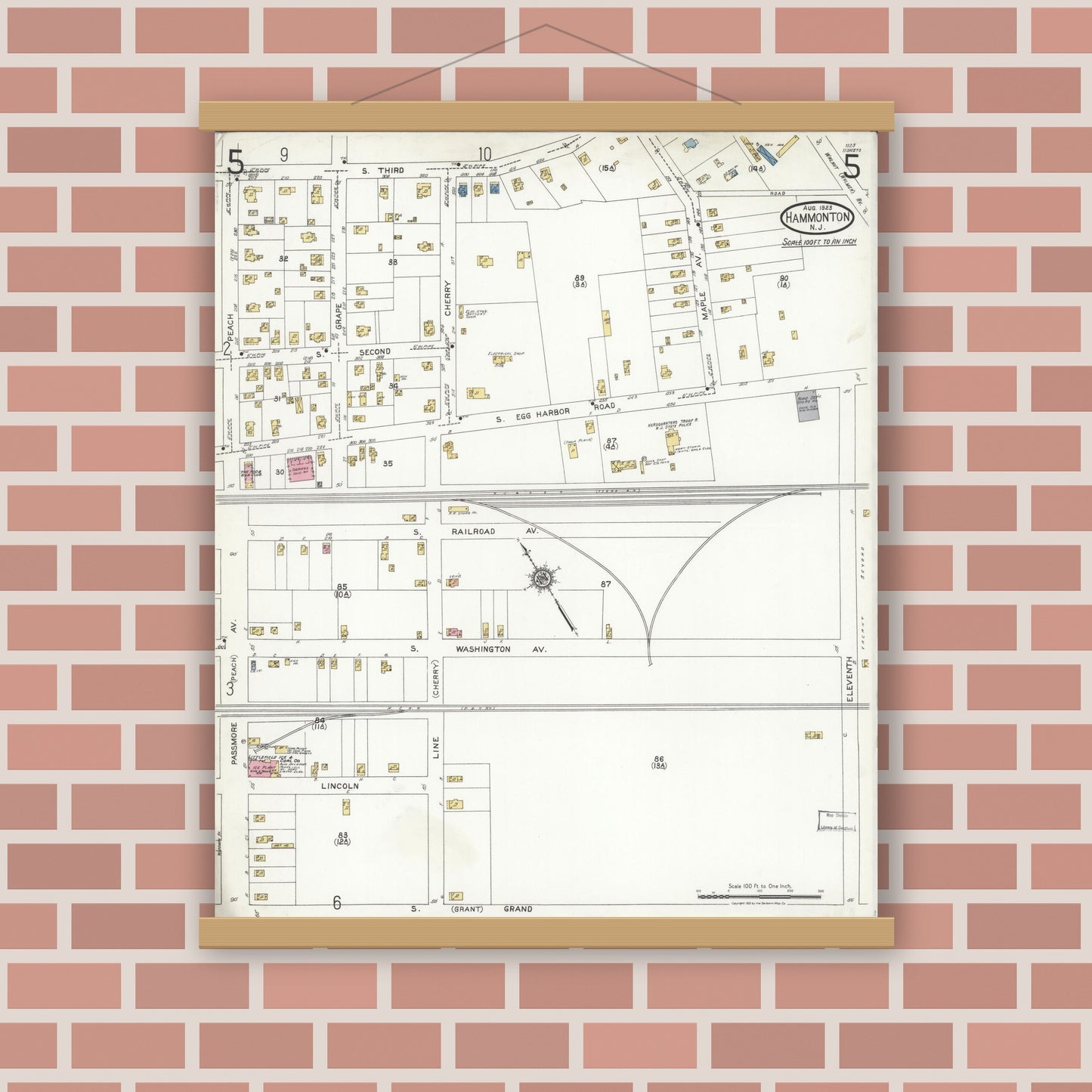 Old map wall art mockup — magnetic wood frame on brick wall — Sanborn Fire Insurance Map from Hammonton, Atlantic County, New Jersey (1923), Sheet #0005