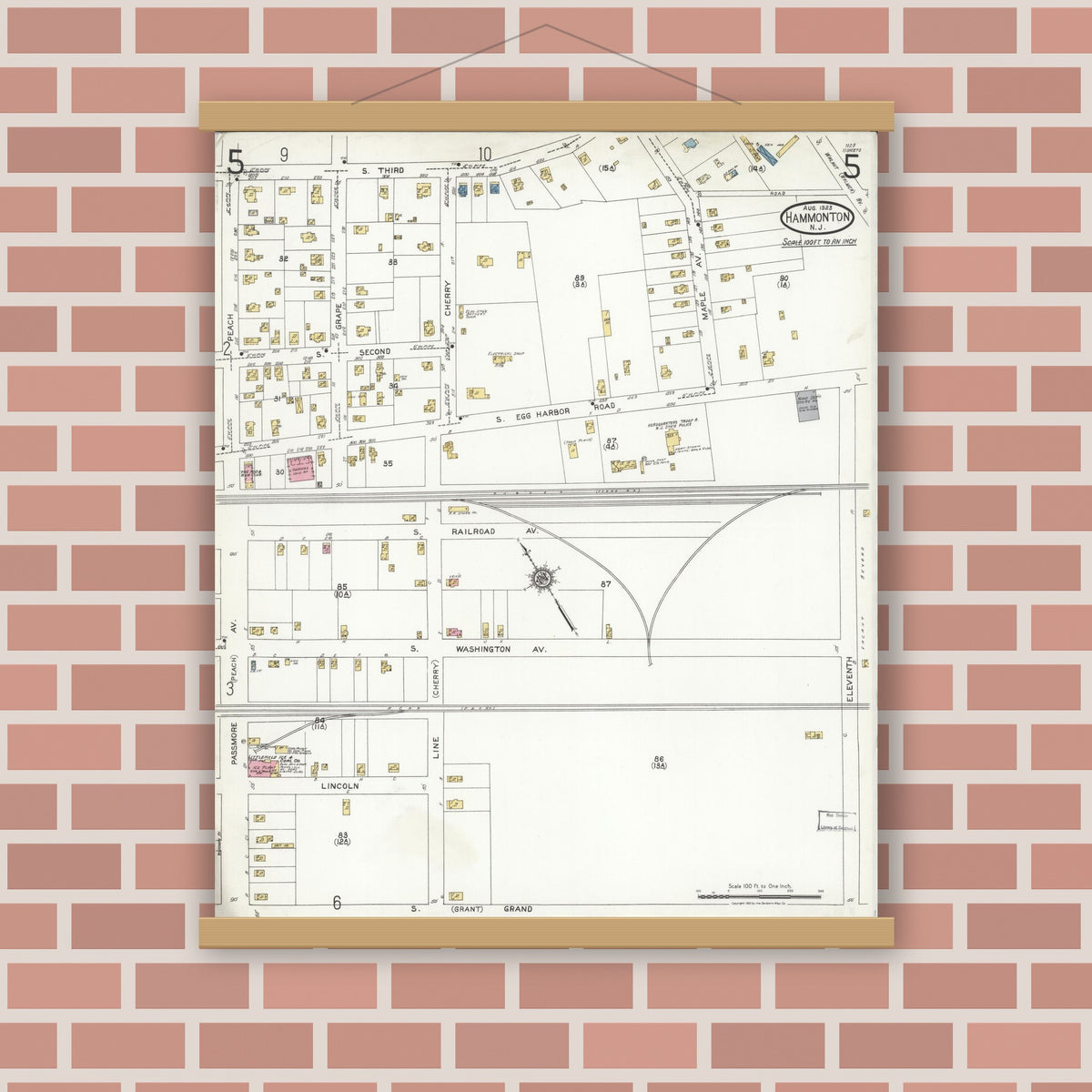 Old map wall art mockup — magnetic wood frame on brick wall — Sanborn Fire Insurance Map from Hammonton, Atlantic County, New Jersey (1923), Sheet #0005