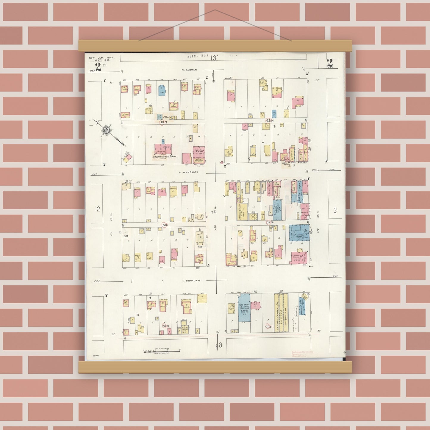 Old map wall art mockup — magnetic wood frame on brick wall — Sanborn Fire Insurance Map from New Ulm, Brown County, Minnesota (1946), Sheet #0002