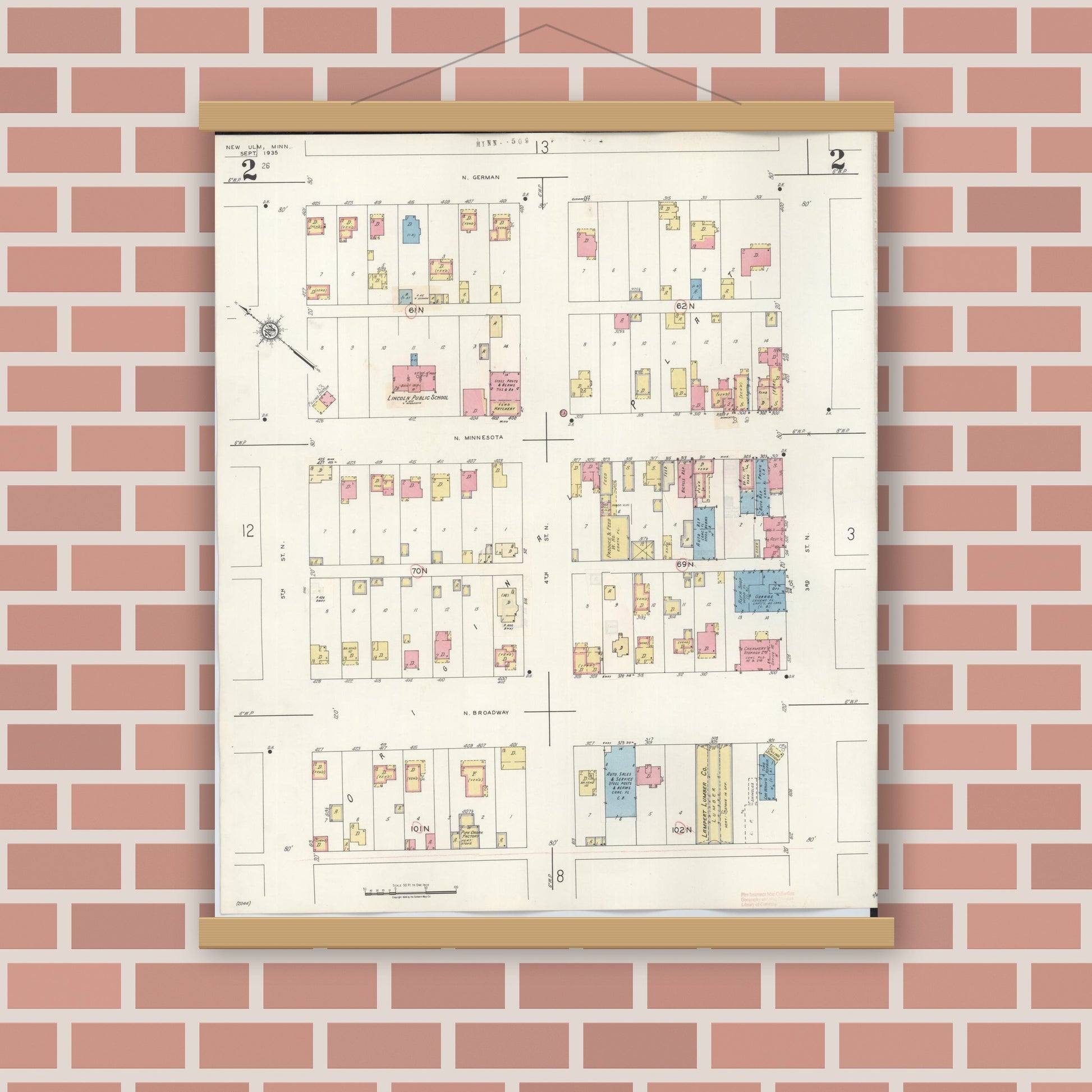 Old map wall art mockup — magnetic wood frame on brick wall — Sanborn Fire Insurance Map from New Ulm, Brown County, Minnesota (1946), Sheet #0002