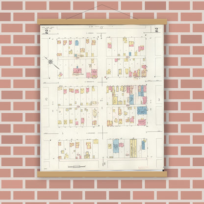 Old map wall art mockup — magnetic wood frame on brick wall — Sanborn Fire Insurance Map from New Ulm, Brown County, Minnesota (1946), Sheet #0002