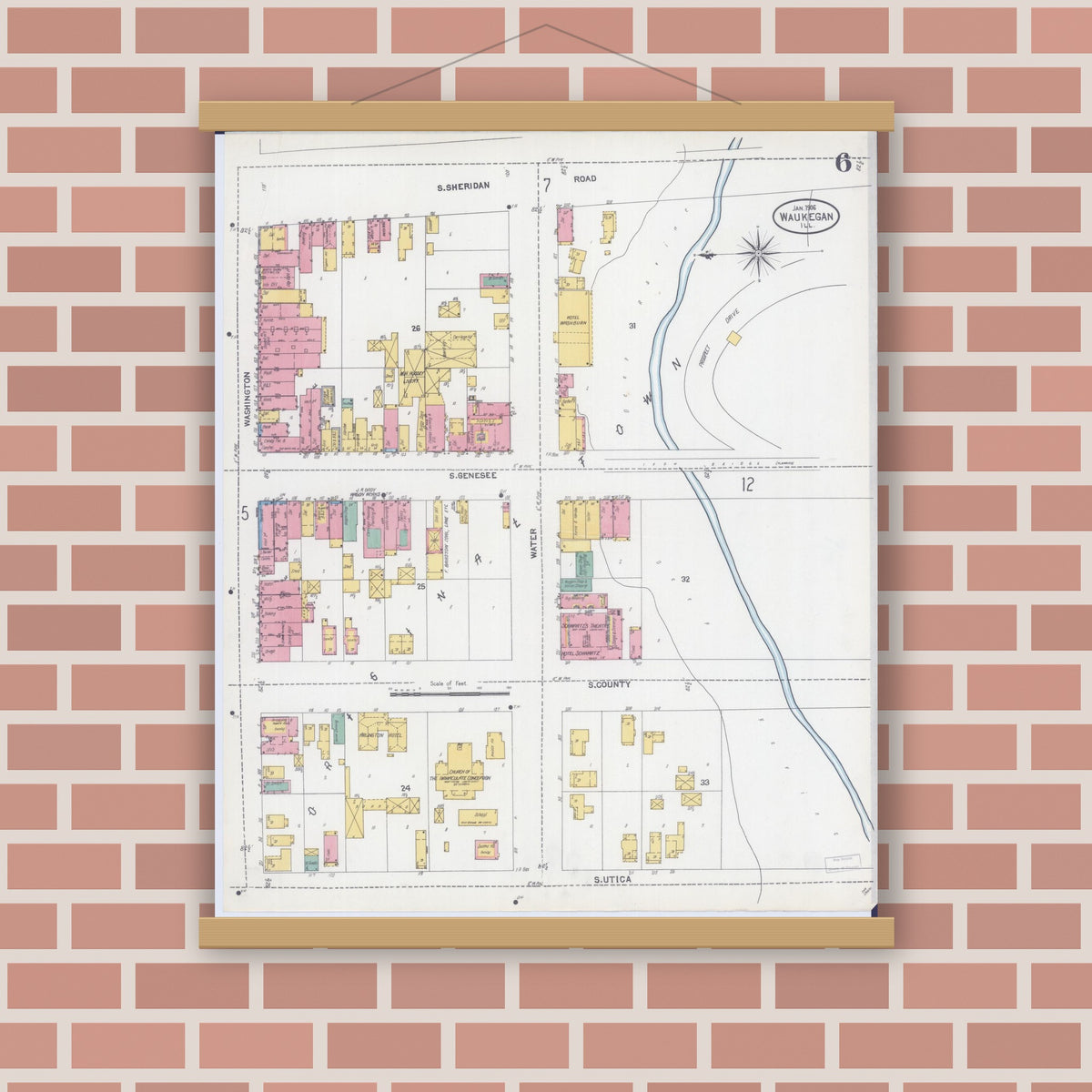 Old map wall art mockup — magnetic wood frame on brick wall — Sanborn Fire Insurance Map from Waukegan, Lake County, Illinois (1906), Sheet #0006