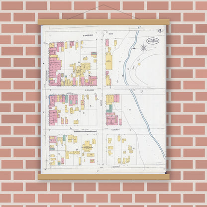 Old map wall art mockup — magnetic wood frame on brick wall — Sanborn Fire Insurance Map from Waukegan, Lake County, Illinois (1906), Sheet #0006