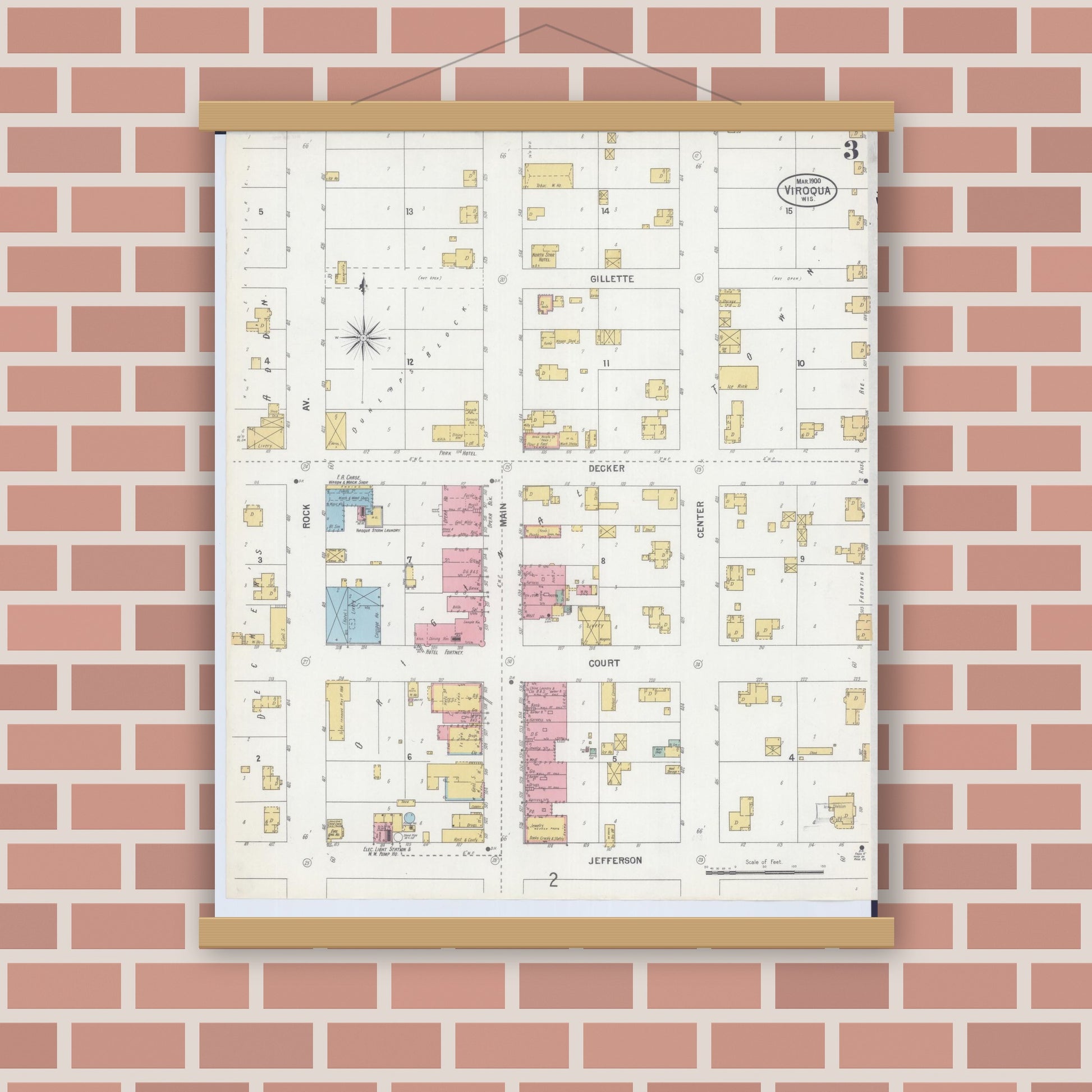 Old map wall art mockup — magnetic wood frame on brick wall — Sanborn Fire Insurance Map from Viroqua, Vernon County, Wisconsin (1900), Sheet #0003