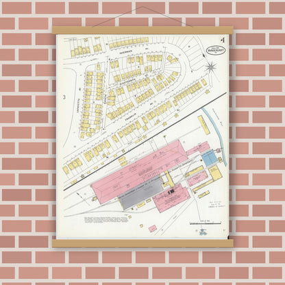 Old map wall art mockup — magnetic wood frame on brick wall — Sanborn Fire Insurance Map from Vandergrift, Westmoreland County, Pennsylvania (1909), Sheet #0004