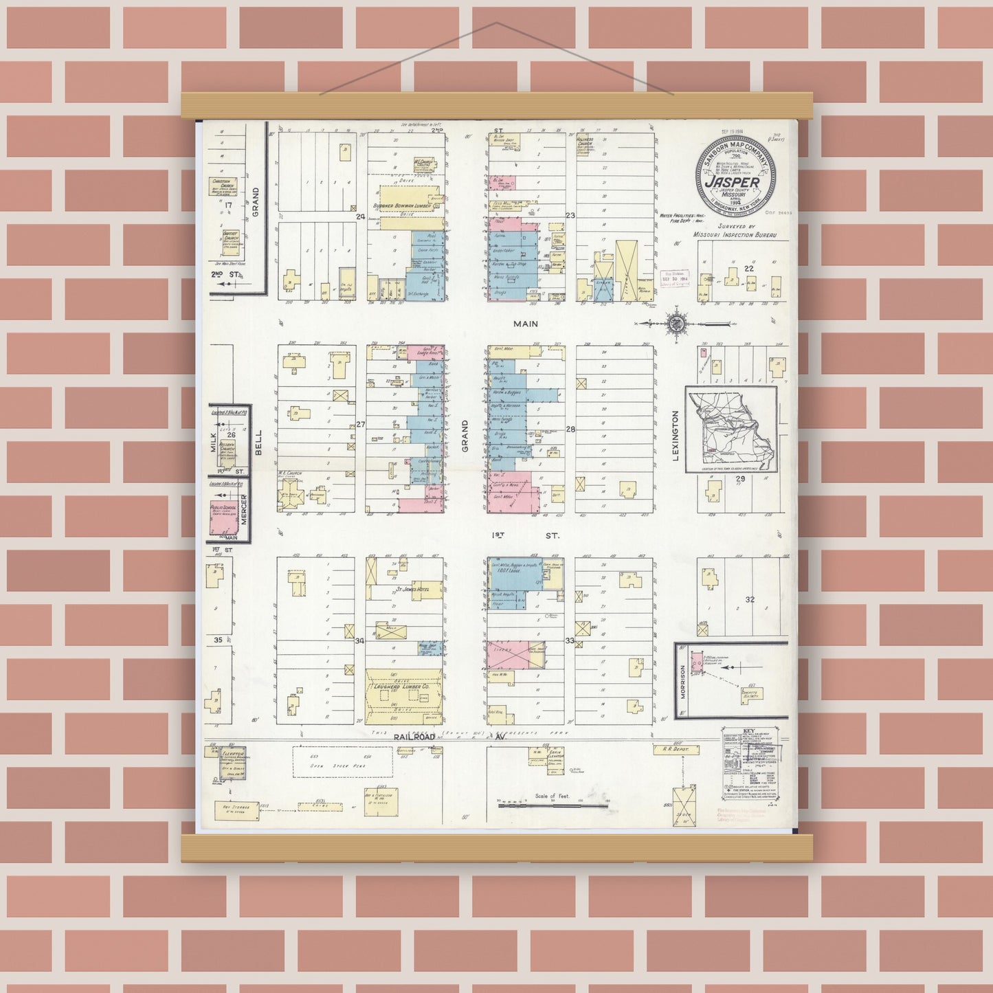 Old map wall art mockup — magnetic wood frame on brick wall — Sanborn Fire Insurance Map from Jasper, Jasper County, Missouri (1914), Sheet #0001