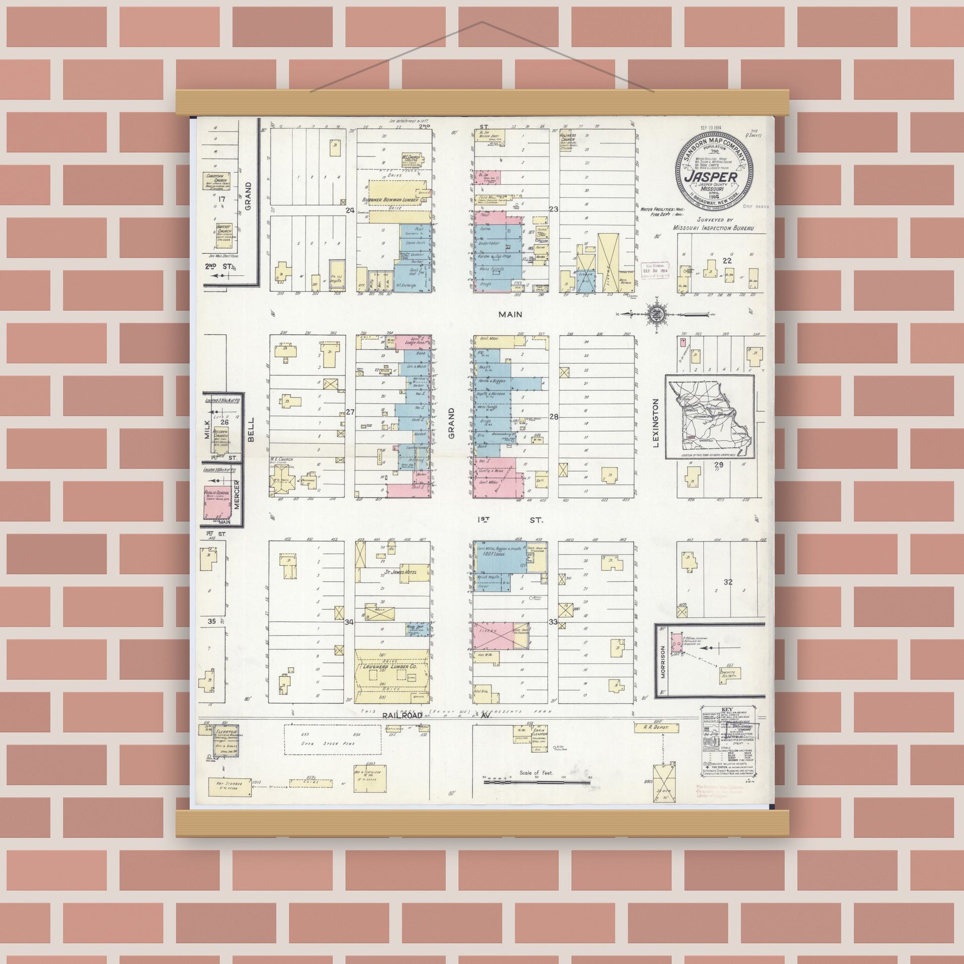 Old map wall art mockup — magnetic wood frame on brick wall — Sanborn Fire Insurance Map from Jasper, Jasper County, Missouri (1914), Sheet #0001