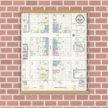 Old map wall art mockup — magnetic wood frame on brick wall — Sanborn Fire Insurance Map from Jasper, Jasper County, Missouri (1914), Sheet #0001