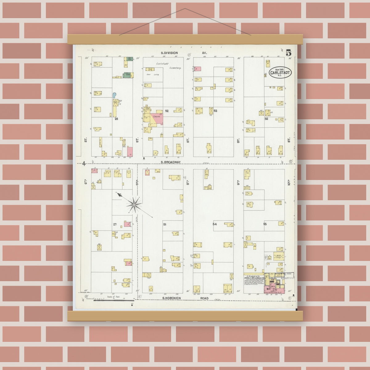 Old map wall art mockup — magnetic wood frame on brick wall — Sanborn Fire Insurance Map from Carlstadt, Bergen County, New Jersey (1902), Sheet #0005