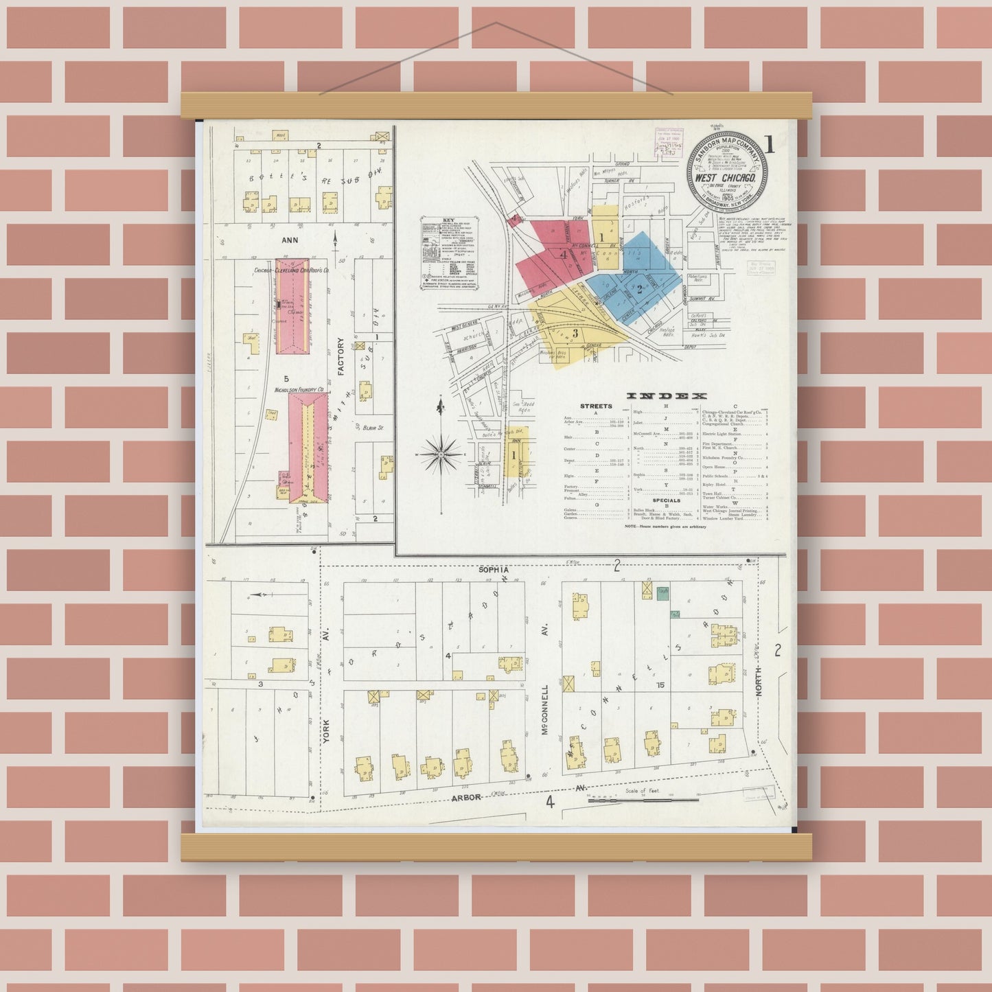Old map wall art mockup — magnetic wood frame on brick wall — Sanborn Fire Insurance Map from West Chicago, Du Page County, Illinois (1905) - Complete Map Set