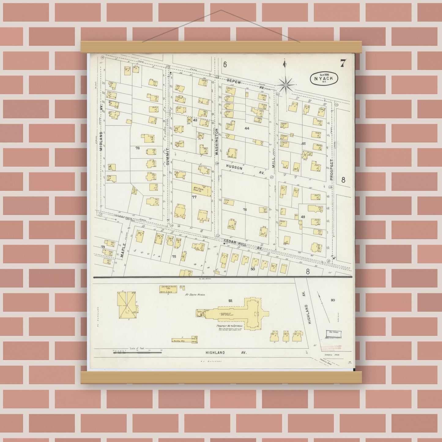 Old map wall art mockup — magnetic wood frame on brick wall — Sanborn Fire Insurance Map from Nyack, Rockland County, New York. (1896), Sheet #0007
