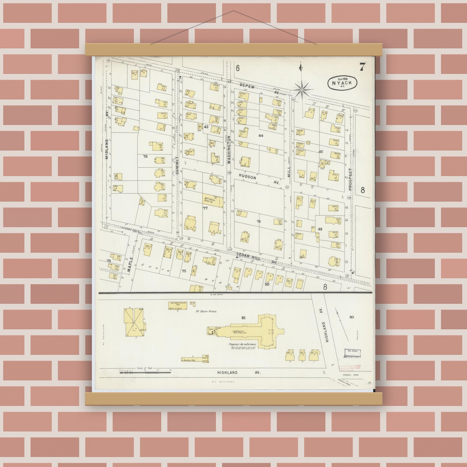 Old map wall art mockup — magnetic wood frame on brick wall — Sanborn Fire Insurance Map from Nyack, Rockland County, New York. (1896), Sheet #0007
