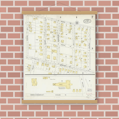 Old map wall art mockup — magnetic wood frame on brick wall — Sanborn Fire Insurance Map from Nyack, Rockland County, New York. (1896), Sheet #0007