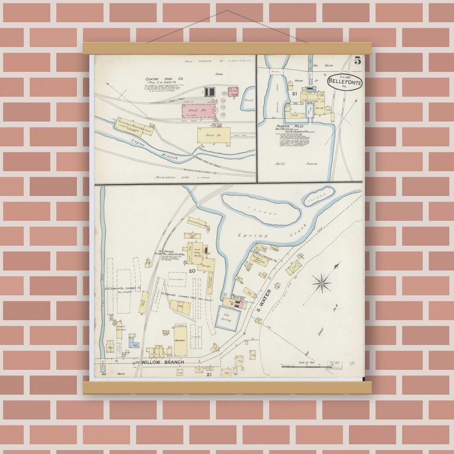 Old map wall art mockup — magnetic wood frame on brick wall — Sanborn Fire Insurance Map from Bellefonte, Centre County, Pennsylvania (1887), Sheet #0005