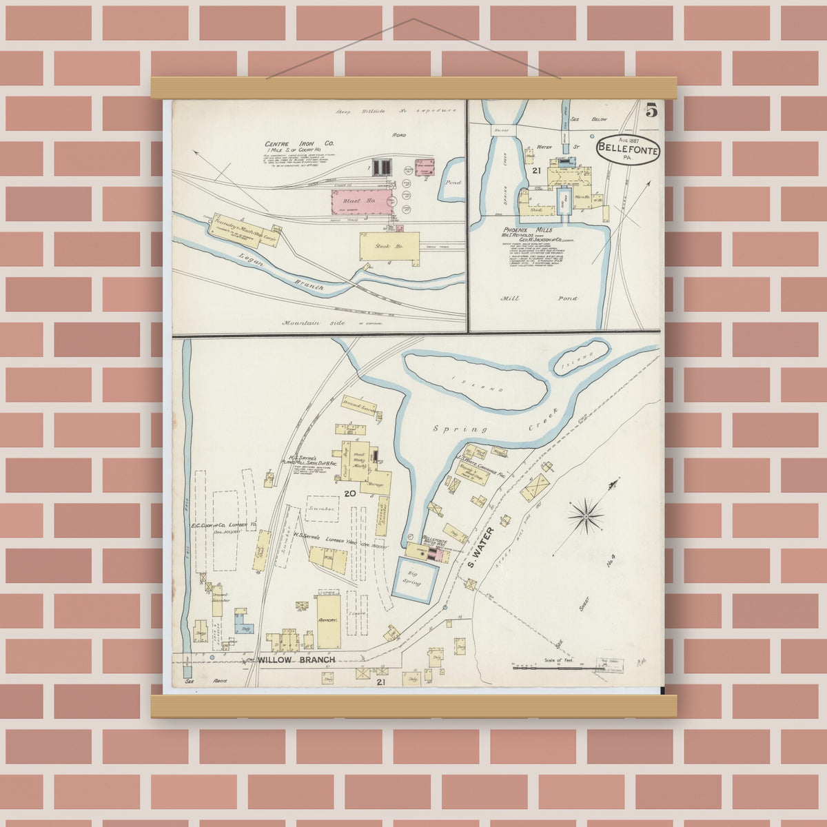 Old map wall art mockup — magnetic wood frame on brick wall — Sanborn Fire Insurance Map from Bellefonte, Centre County, Pennsylvania (1887), Sheet #0005