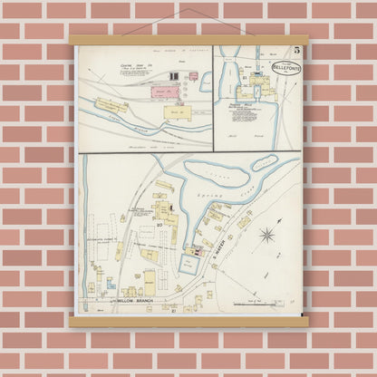 Old map wall art mockup — magnetic wood frame on brick wall — Sanborn Fire Insurance Map from Bellefonte, Centre County, Pennsylvania (1887), Sheet #0005