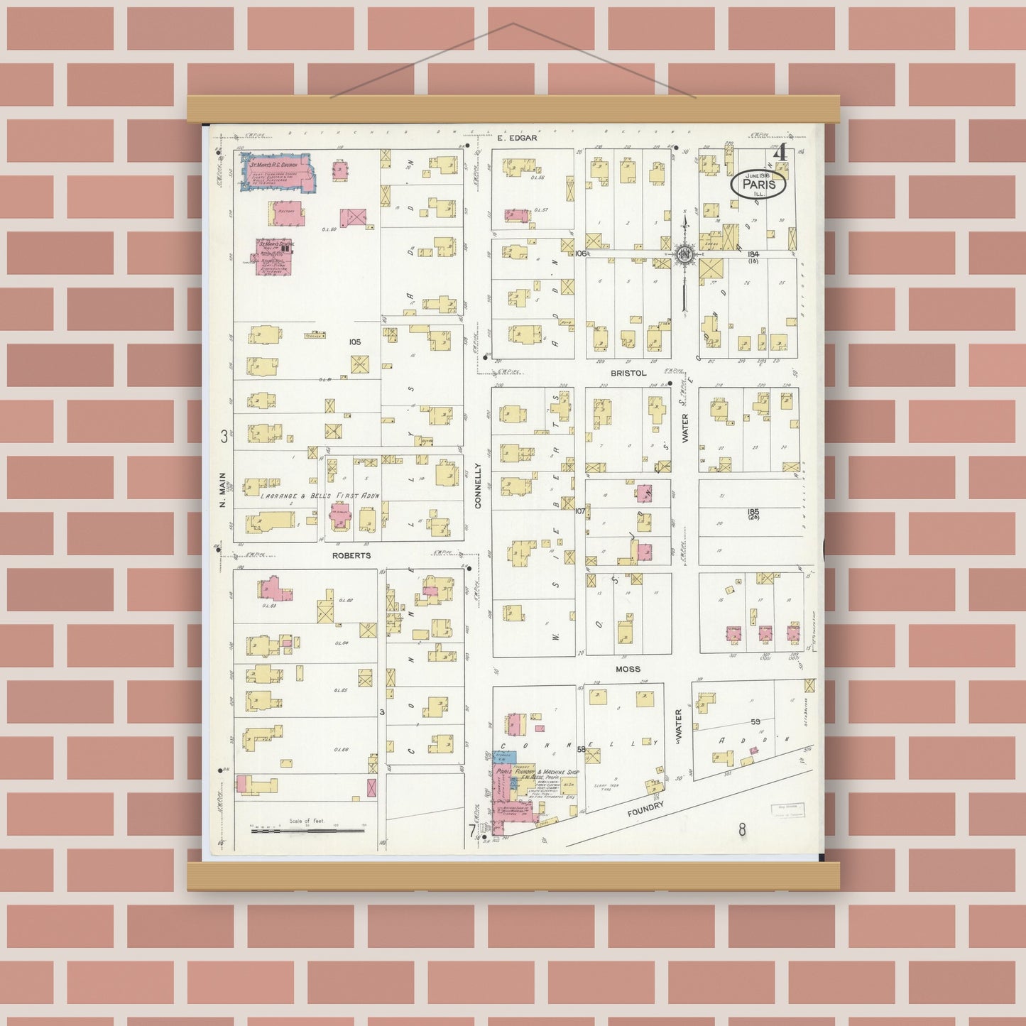 Old map wall art mockup — magnetic wood frame on brick wall — Sanborn Fire Insurance Map from Paris, Edgar County, Illinois (1916), Sheet #0004