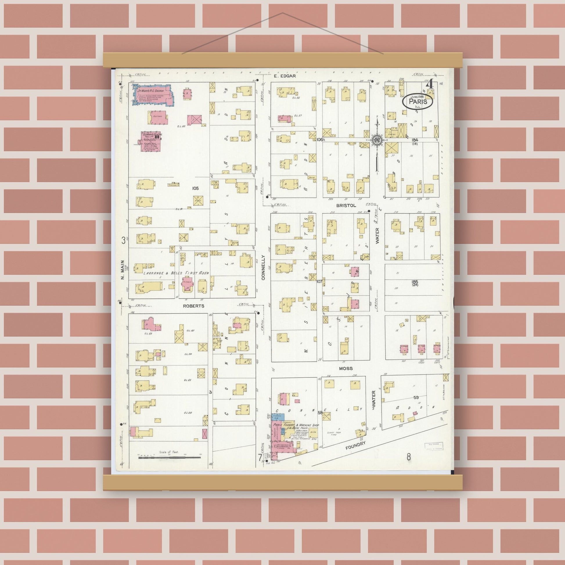Old map wall art mockup — magnetic wood frame on brick wall — Sanborn Fire Insurance Map from Paris, Edgar County, Illinois (1916), Sheet #0004