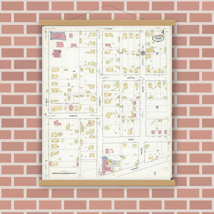 Old map wall art mockup — magnetic wood frame on brick wall — Sanborn Fire Insurance Map from Paris, Edgar County, Illinois (1916), Sheet #0004