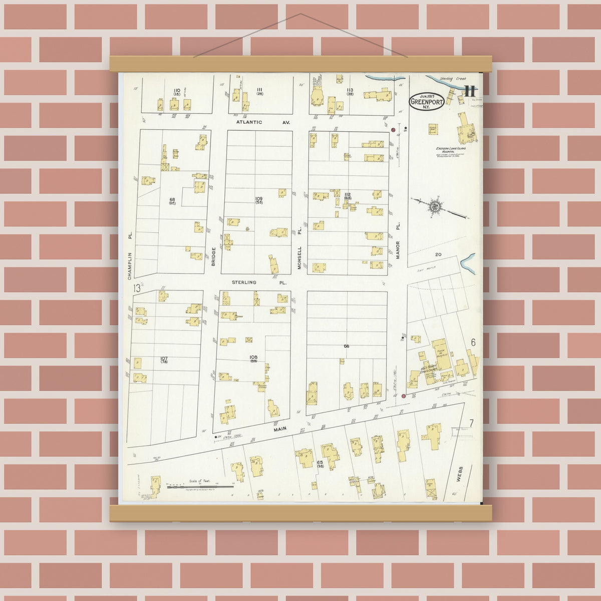 Old map wall art mockup — magnetic wood frame on brick wall — Sanborn Fire Insurance Map from Greenport, Suffolk County, New York (1917), Sheet #0011
