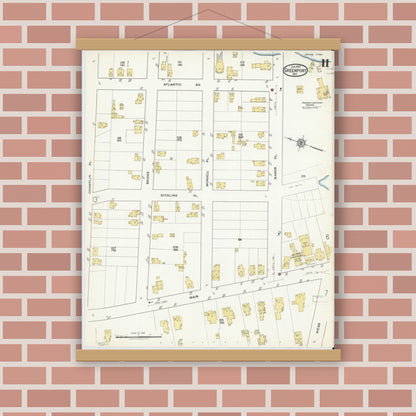 Old map wall art mockup — magnetic wood frame on brick wall — Sanborn Fire Insurance Map from Greenport, Suffolk County, New York (1917), Sheet #0011