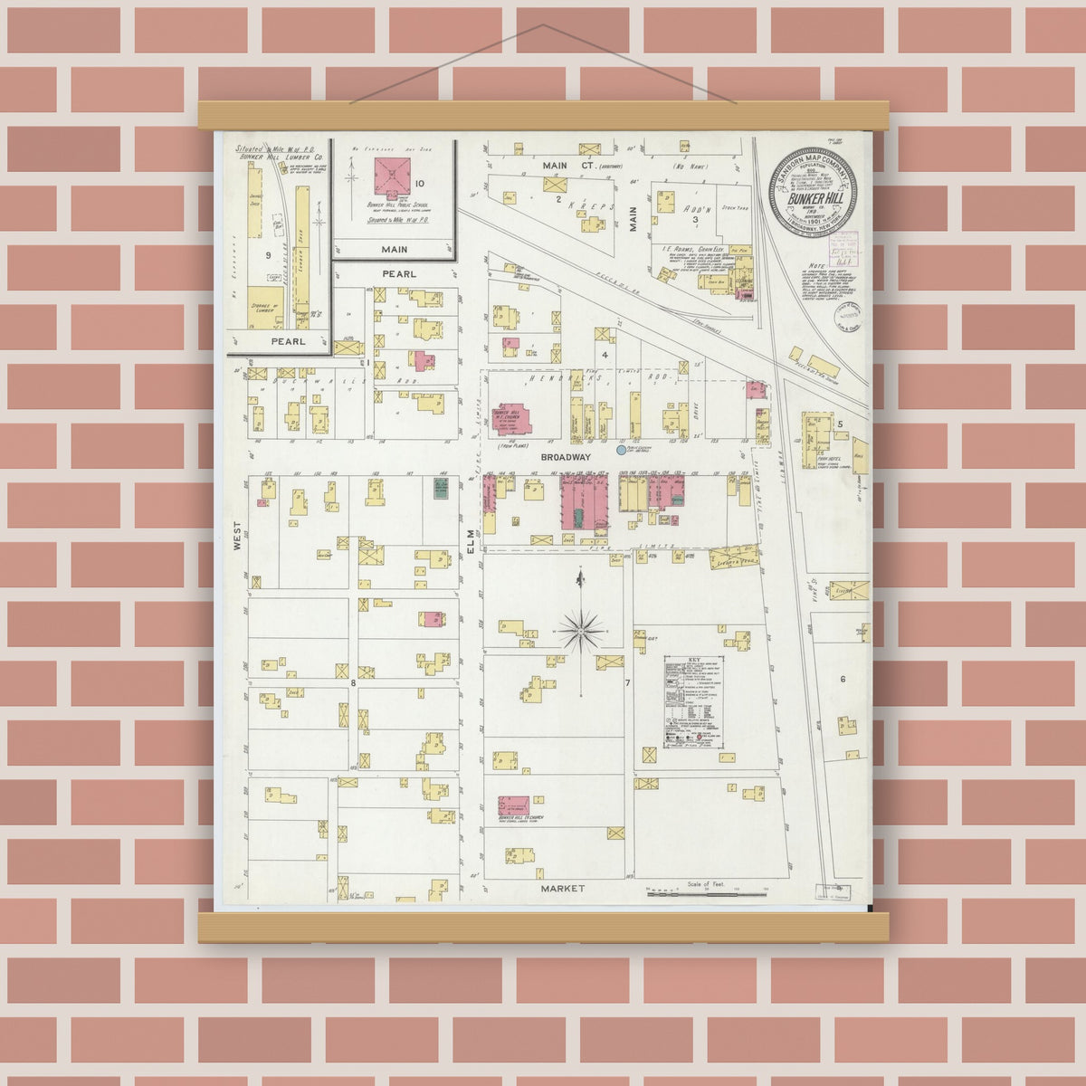 Old map wall art mockup — magnetic wood frame on brick wall — Sanborn Fire Insurance Map from Bunker Hill, Miami County, Indiana (1901), Sheet #0001