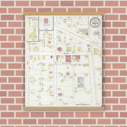 Old map wall art mockup — magnetic wood frame on brick wall — Sanborn Fire Insurance Map from Bunker Hill, Miami County, Indiana (1901), Sheet #0001