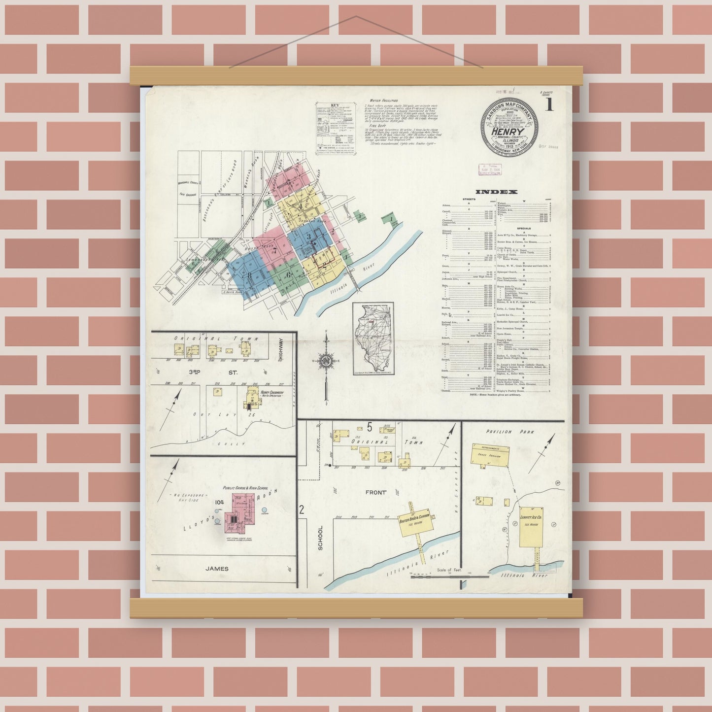 Old map wall art mockup — magnetic wood frame on brick wall — Sanborn Fire Insurance Map from Henry, Marshall County, Illinois (1913), Sheet #0001