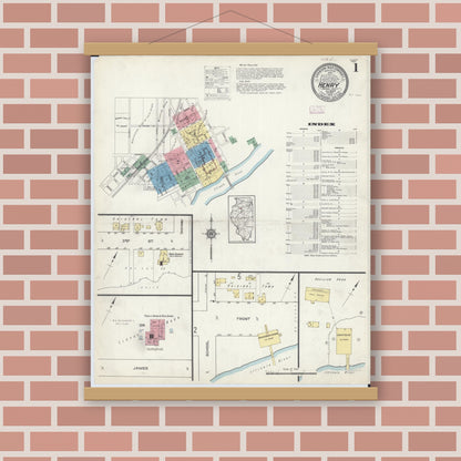 Old map wall art mockup — magnetic wood frame on brick wall — Sanborn Fire Insurance Map from Henry, Marshall County, Illinois (1913), Sheet #0001