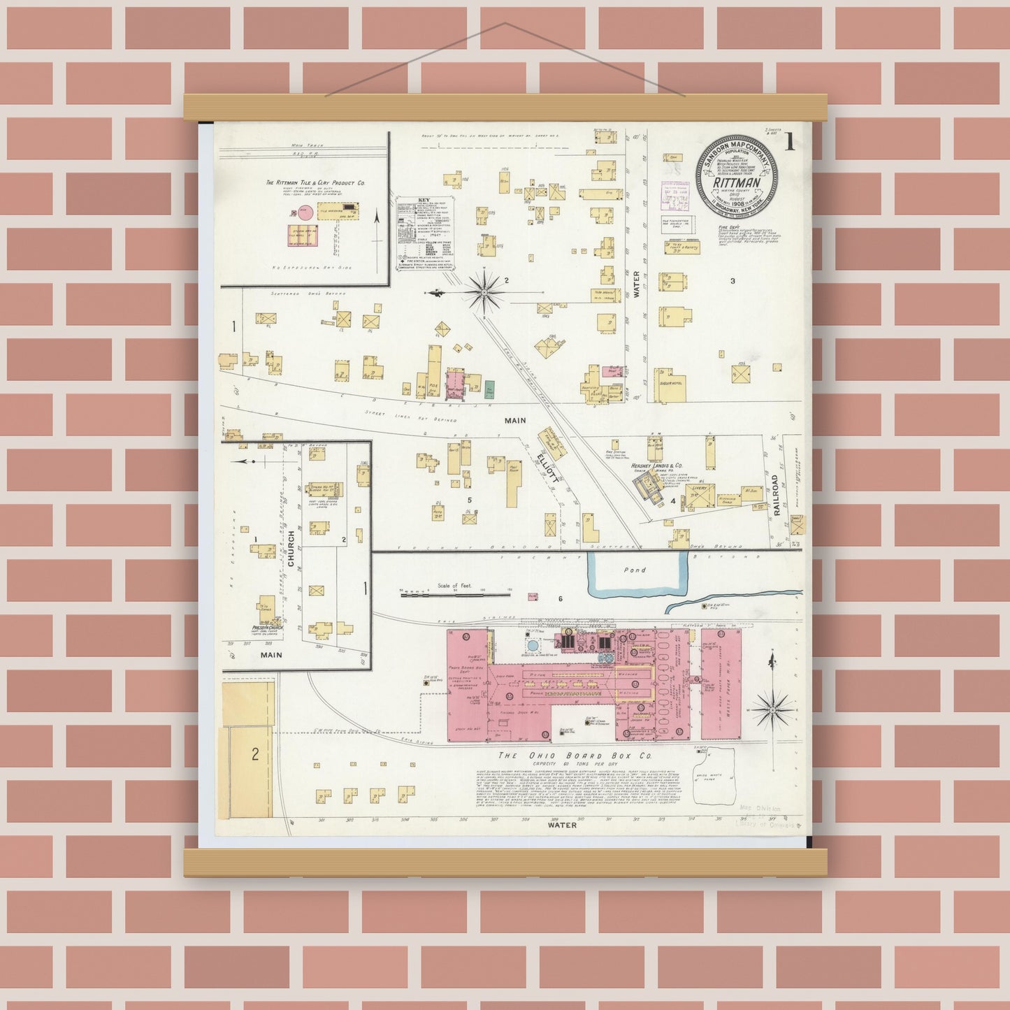 Old map wall art mockup — magnetic wood frame on brick wall — Sanborn Fire Insurance Map from Rittman, Wayne County, Ohio (1908) - Complete Map Set