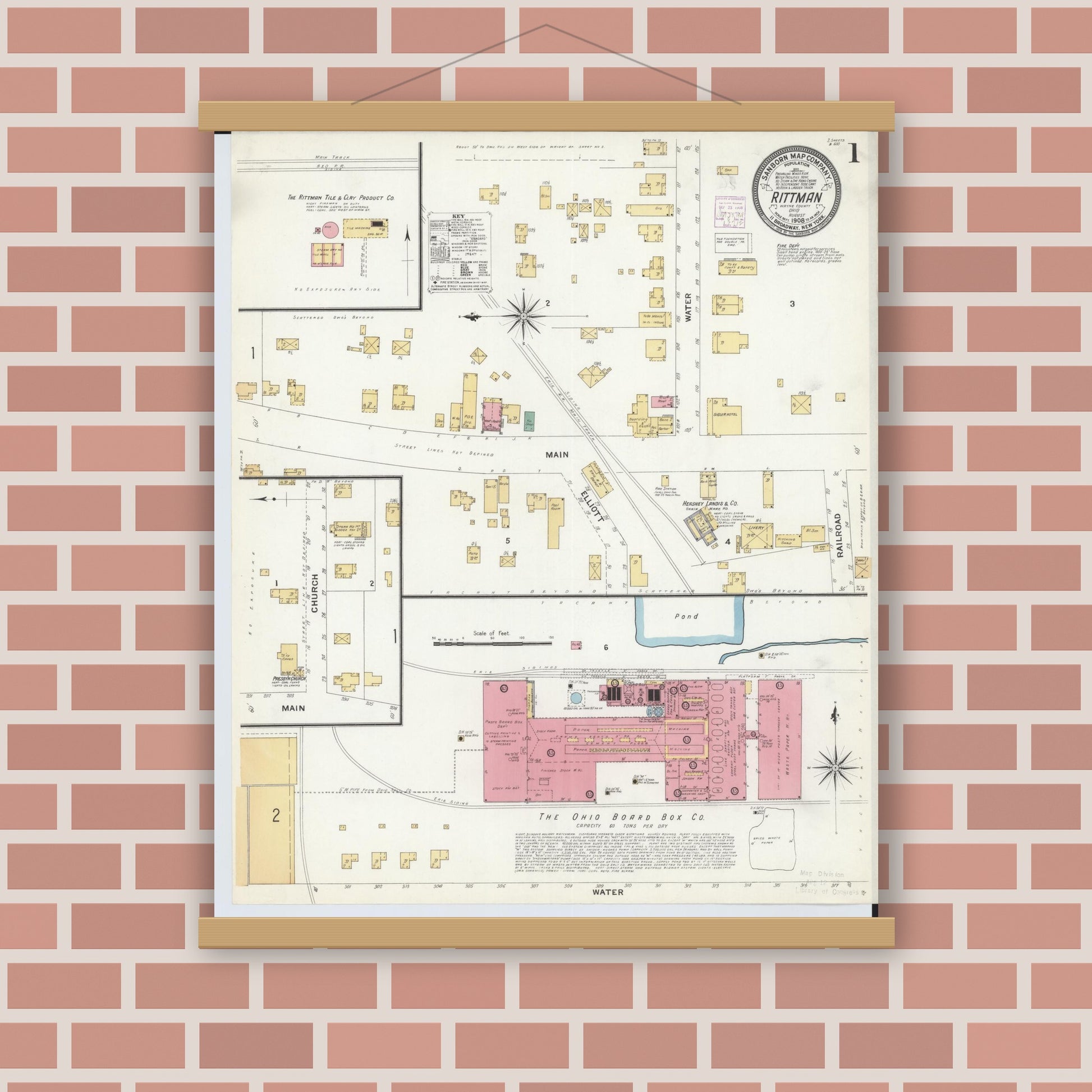 Old map wall art mockup — magnetic wood frame on brick wall — Sanborn Fire Insurance Map from Rittman, Wayne County, Ohio (1908) - Complete Map Set