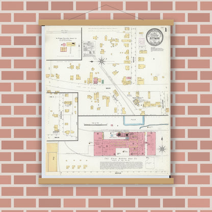 Old map wall art mockup — magnetic wood frame on brick wall — Sanborn Fire Insurance Map from Rittman, Wayne County, Ohio (1908) - Complete Map Set
