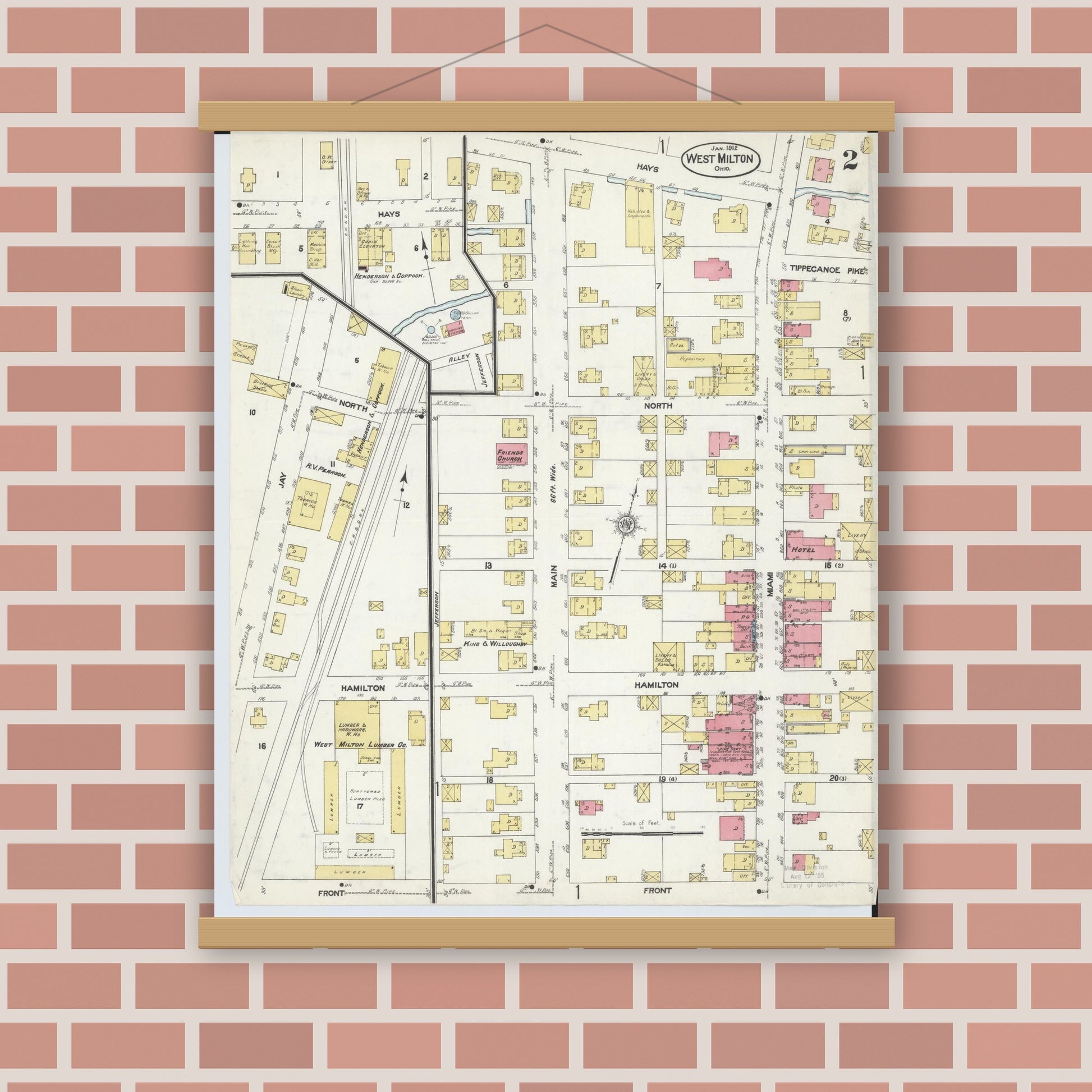 Old map wall art mockup — magnetic wood frame on brick wall — Sanborn Fire Insurance Map from West Milton, Miami County, Ohio (1912), Sheet #0002