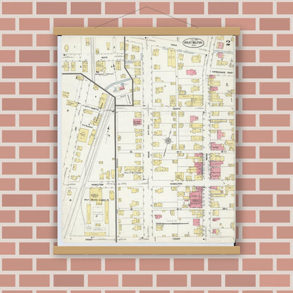 Old map wall art mockup — magnetic wood frame on brick wall — Sanborn Fire Insurance Map from West Milton, Miami County, Ohio (1912), Sheet #0002