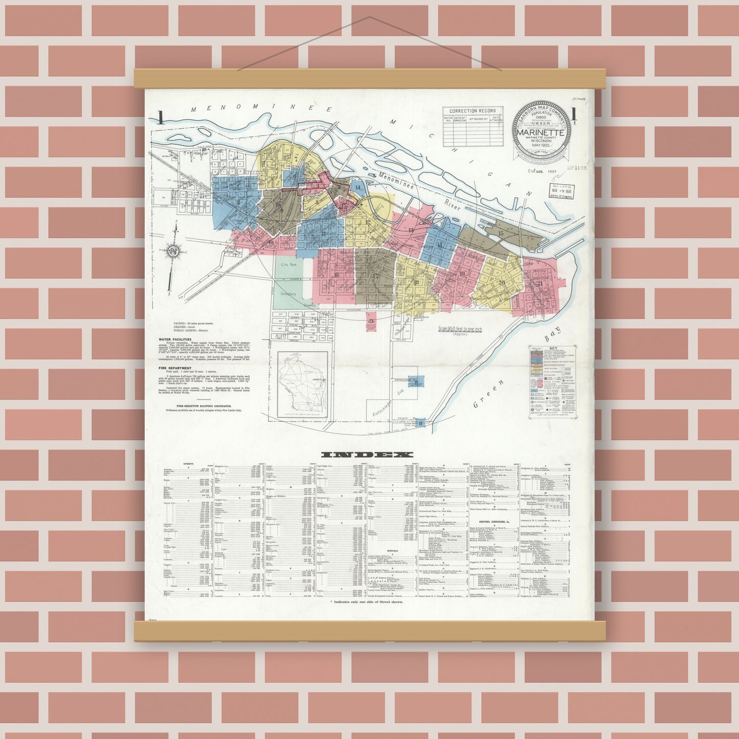 Old map wall art mockup — magnetic wood frame on brick wall — Sanborn Fire Insurance Map from Marinette, Marinette County, Wisconsin (1935), Sheet #0001