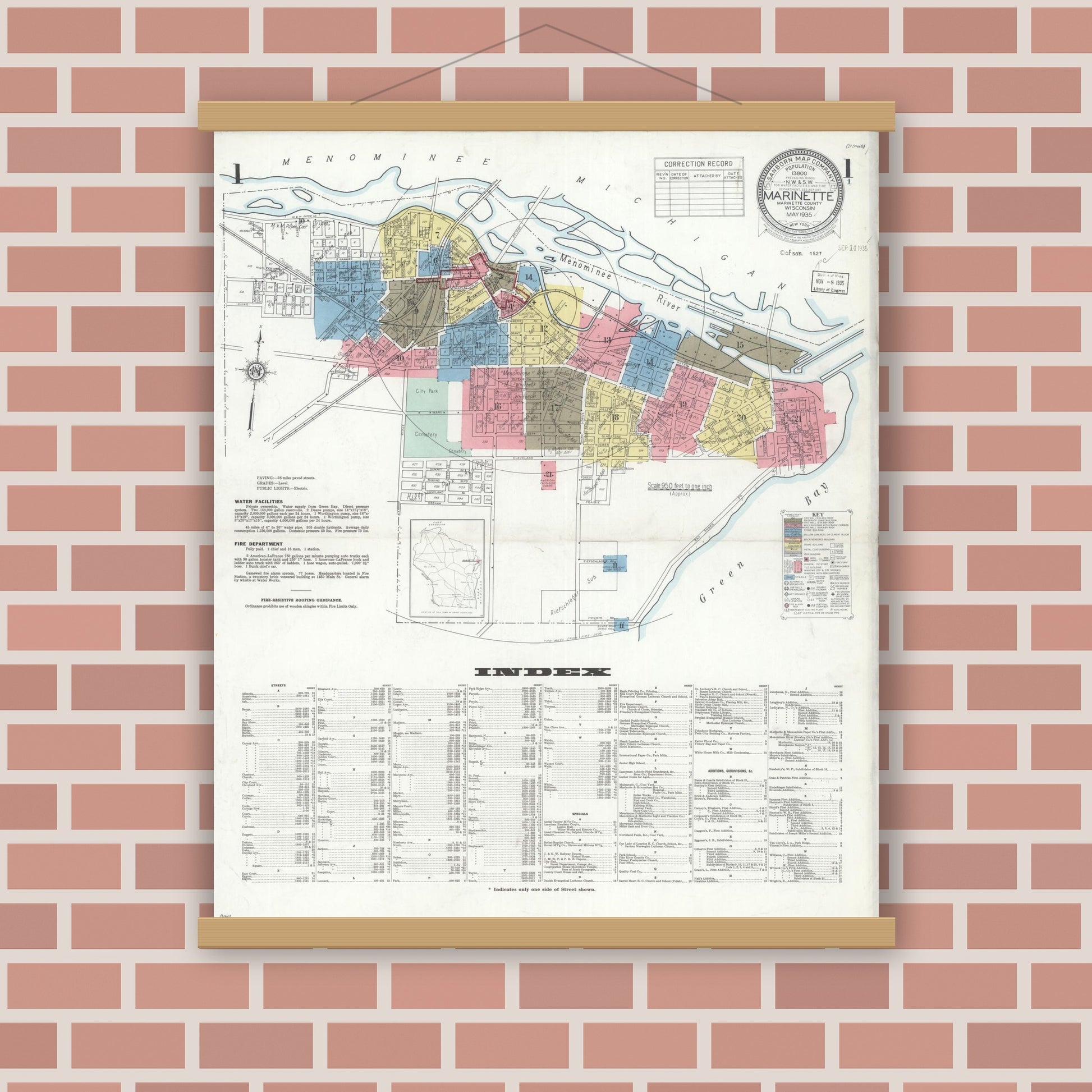 Old map wall art mockup — magnetic wood frame on brick wall — Sanborn Fire Insurance Map from Marinette, Marinette County, Wisconsin (1935), Sheet #0001
