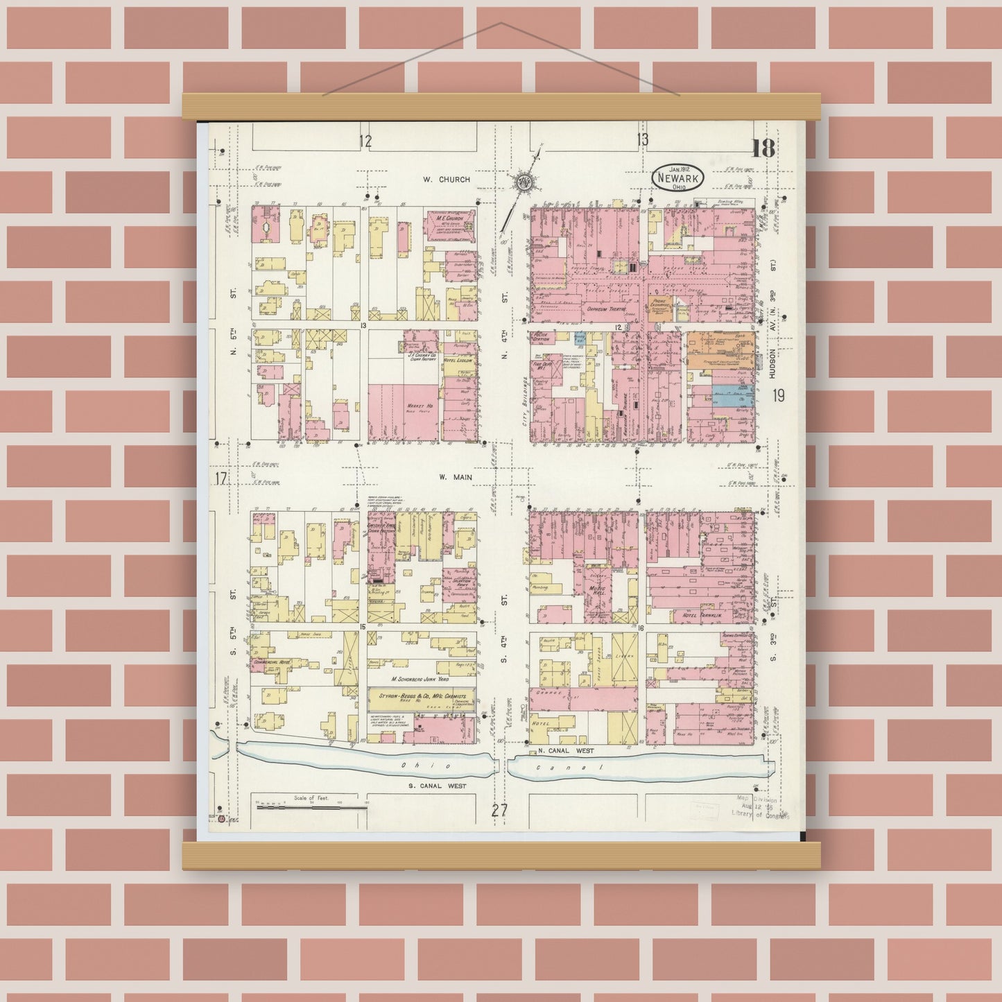 Old map wall art mockup — magnetic wood frame on brick wall — Sanborn Fire Insurance Map from Newark, Licking County, Ohio (1912), Sheet #0018