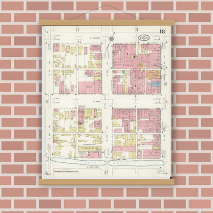 Old map wall art mockup — magnetic wood frame on brick wall — Sanborn Fire Insurance Map from Newark, Licking County, Ohio (1912), Sheet #0018