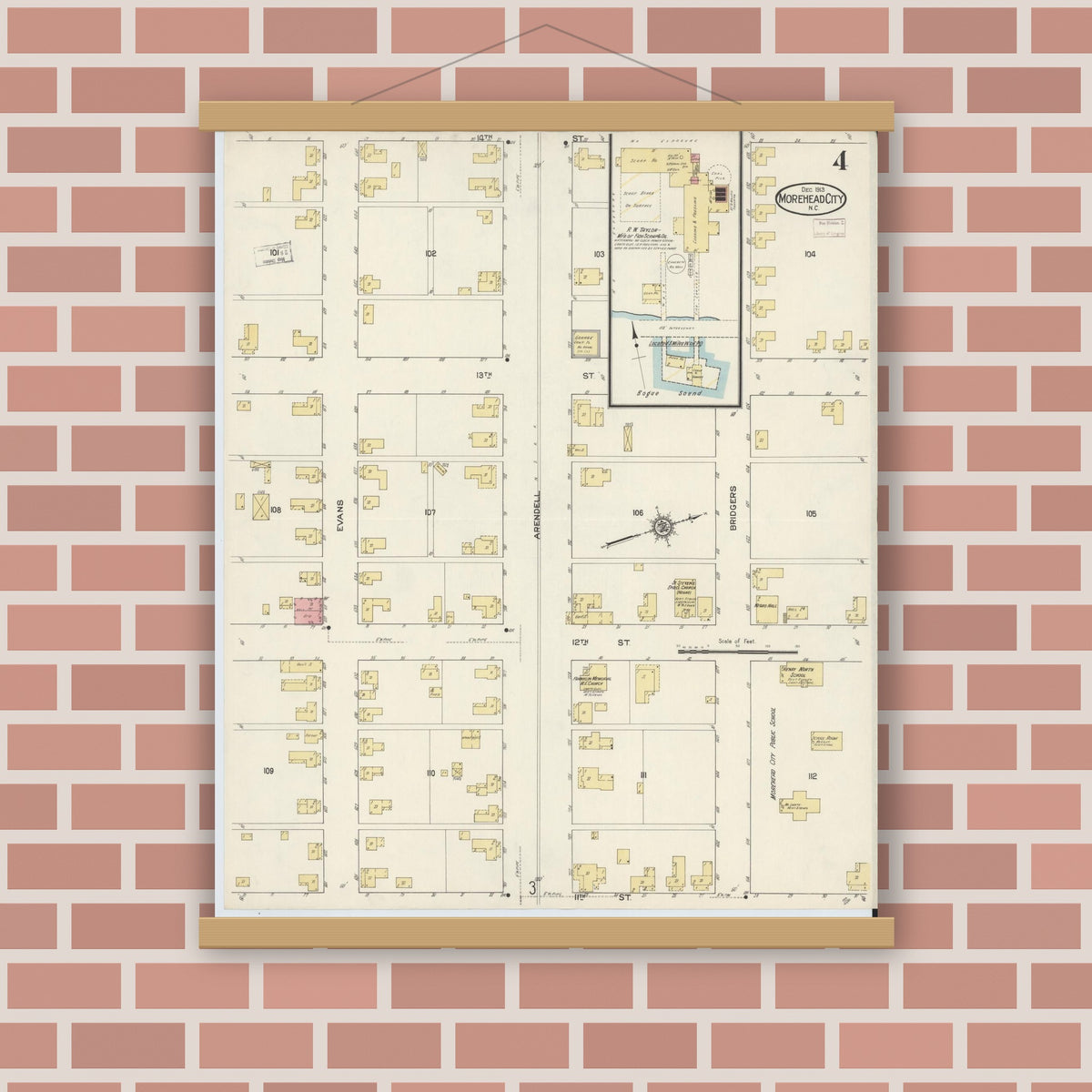 Old map wall art mockup — magnetic wood frame on brick wall — Sanborn Fire Insurance Map from Morehead City, Carteret County, North Carolina (1913), Sheet #0004