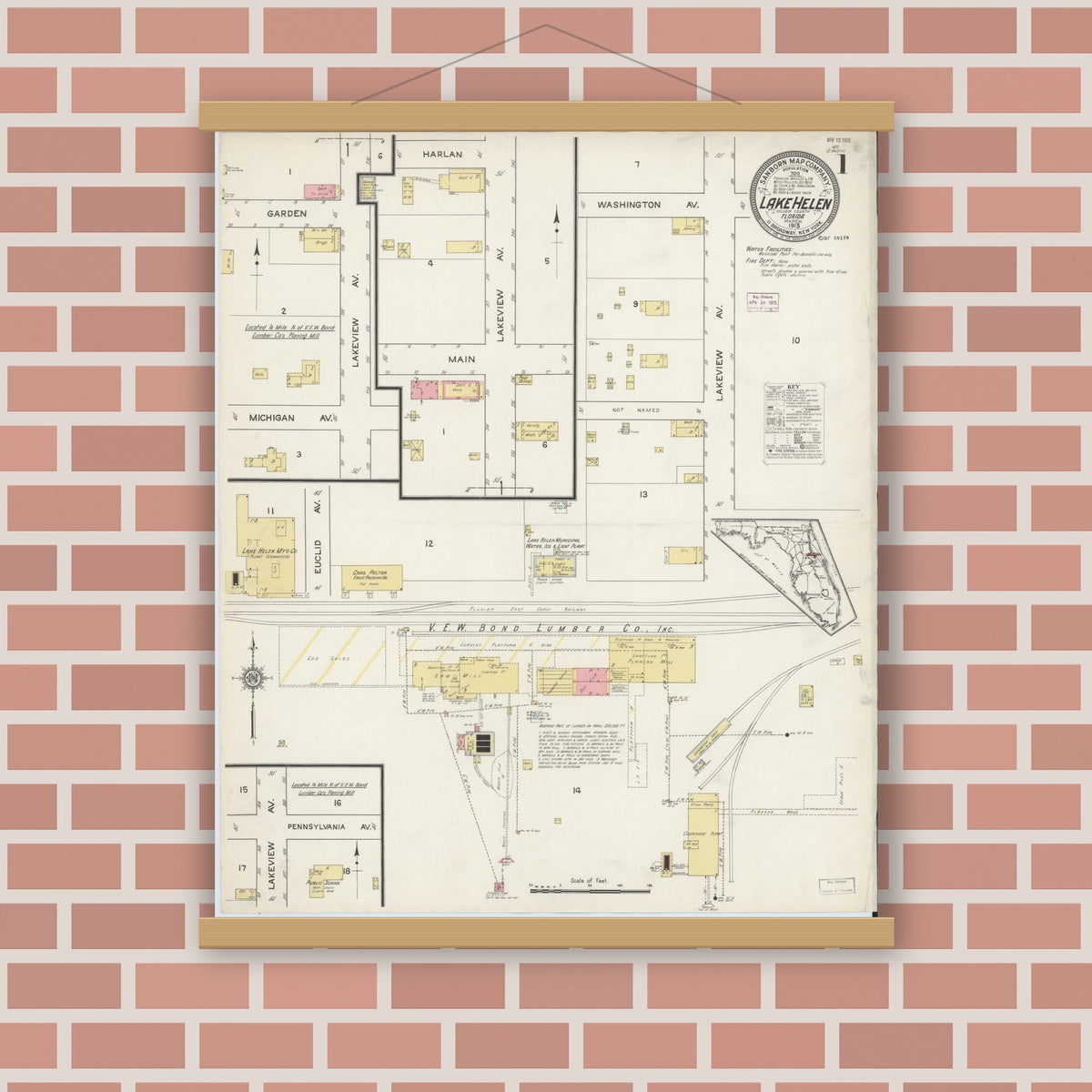 Old map wall art mockup — magnetic wood frame on brick wall — Sanborn Fire Insurance Map from Lake Helen, Volusia County, Florida (1915), Sheet #0001
