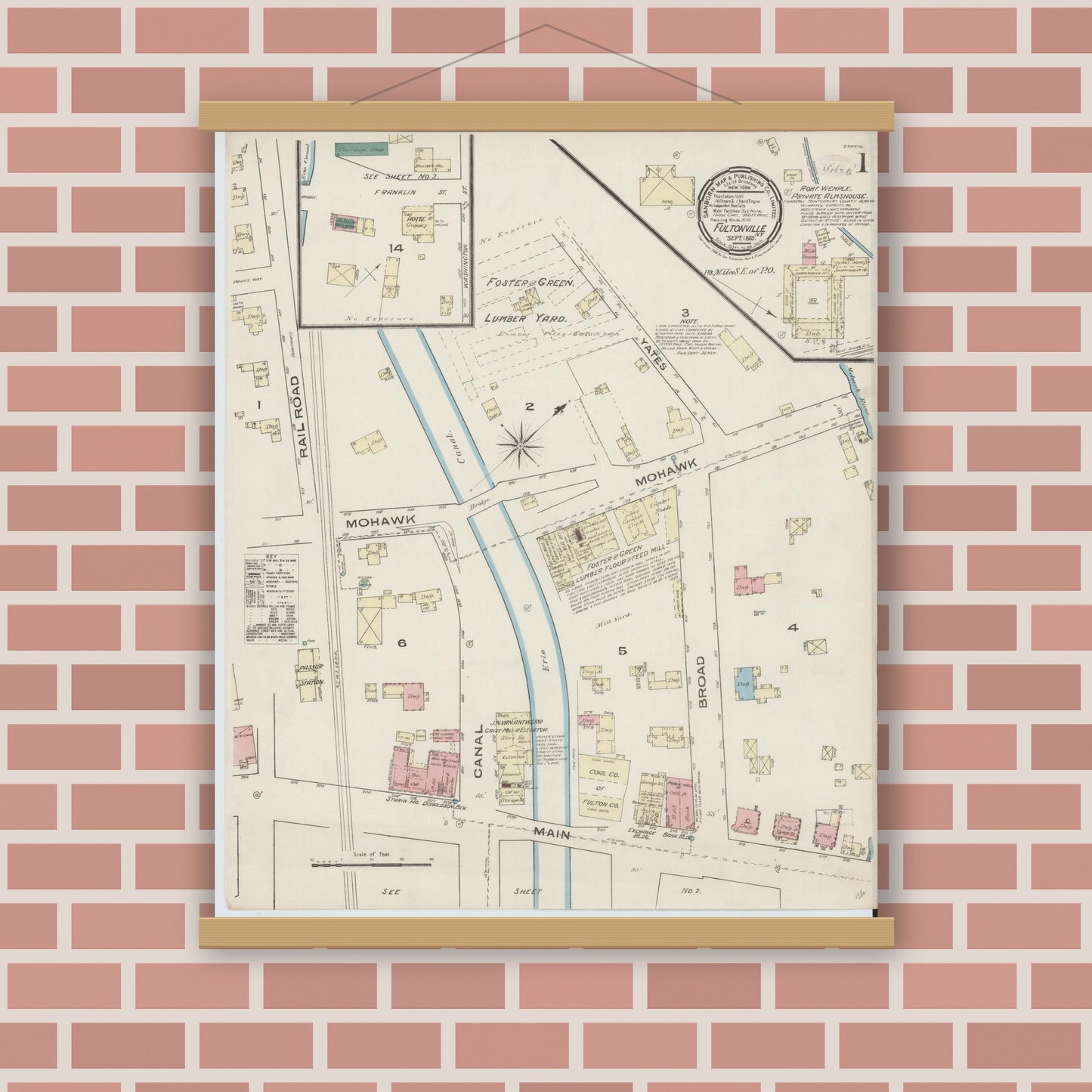 Old map wall art mockup — magnetic wood frame on brick wall — Sanborn Fire Insurance Map from Fultonville, Montgomery County, New York (1885) - Complete Map Set