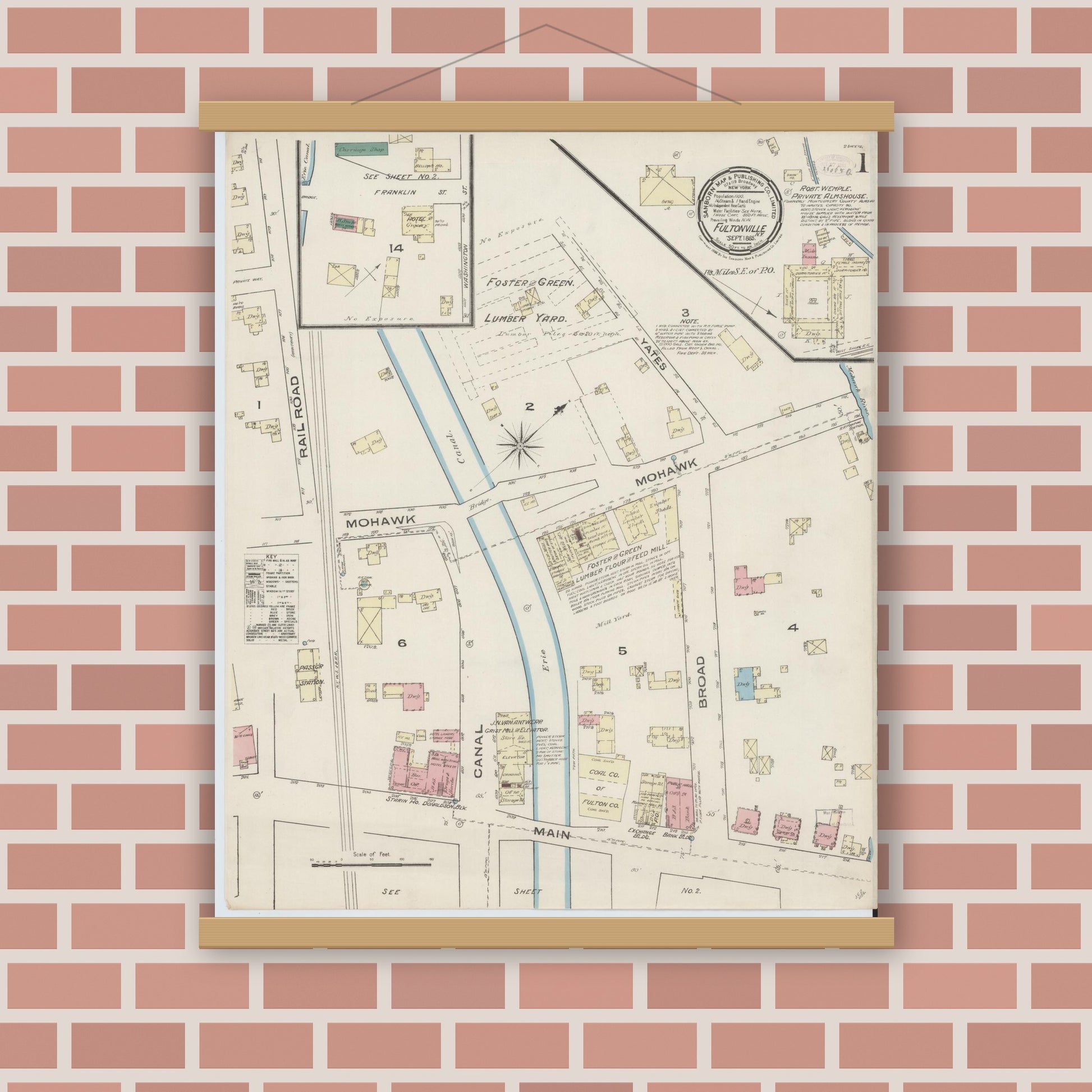 Old map wall art mockup — magnetic wood frame on brick wall — Sanborn Fire Insurance Map from Fultonville, Montgomery County, New York (1885) - Complete Map Set